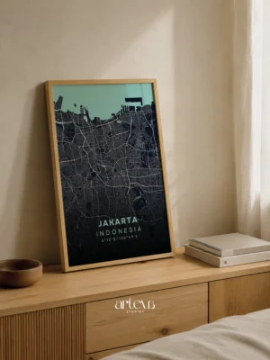Jakarta City Map Poster Midnight Navy Indonesia wall art navy gelap dengan aksen turquoise dan frame kayu pinus natural