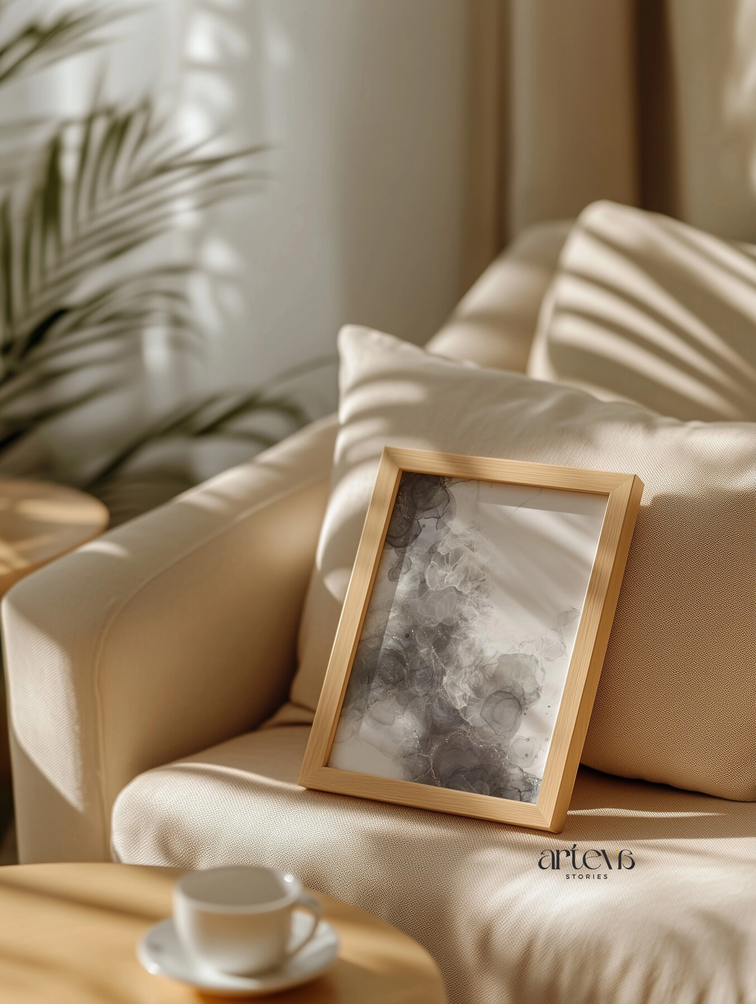 Neutral Smoky Taupe Abstract Ink Wall Art - Gambar 2
