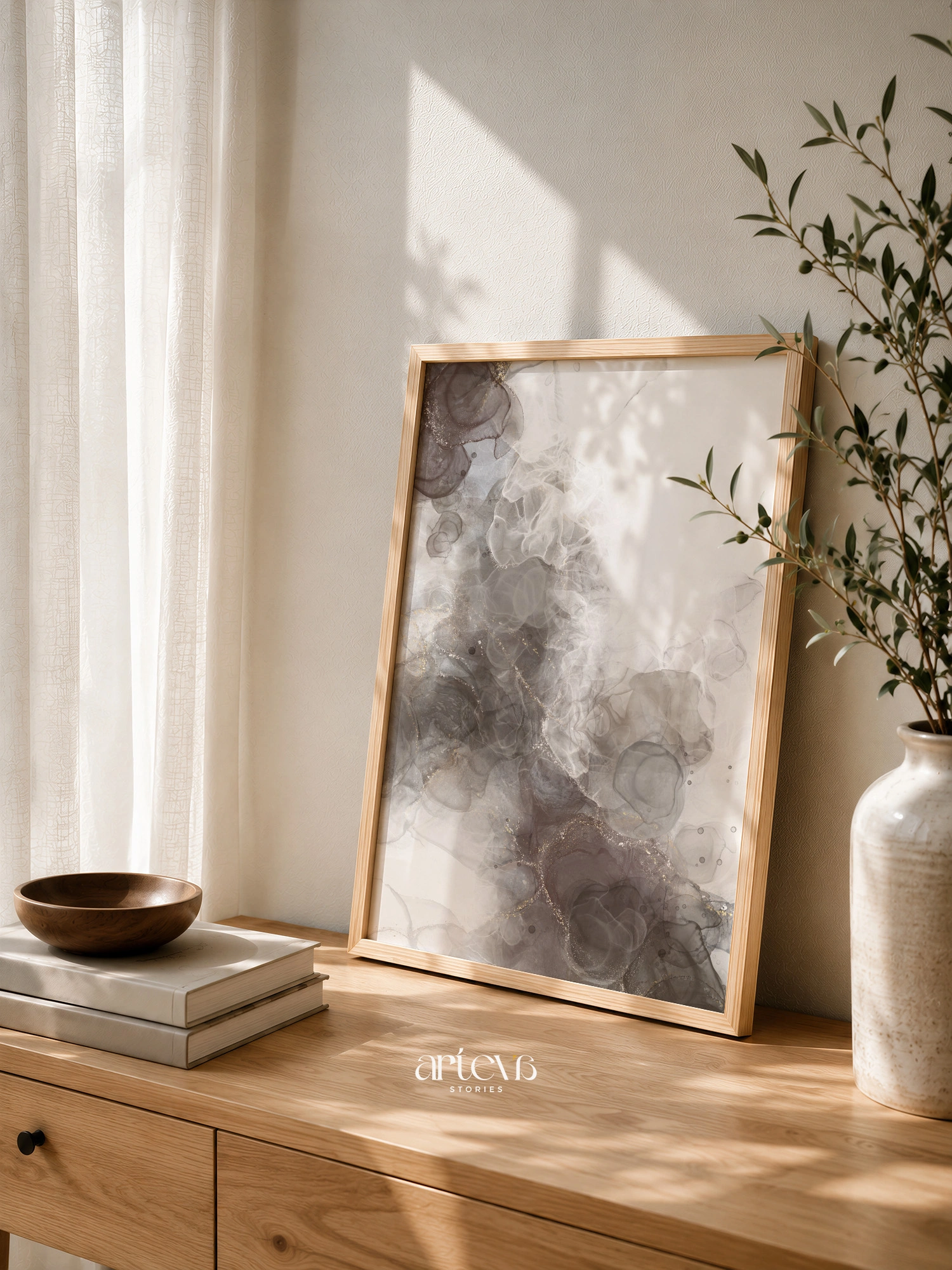 Neutral abstract ink wall art with smoky taupe, soft gray, translucent white, and subtle gold accents