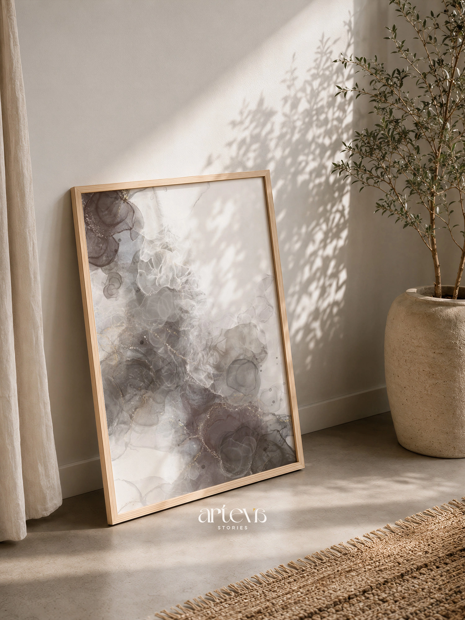 Neutral Smoky Taupe Abstract Ink Wall Art - Gambar 4