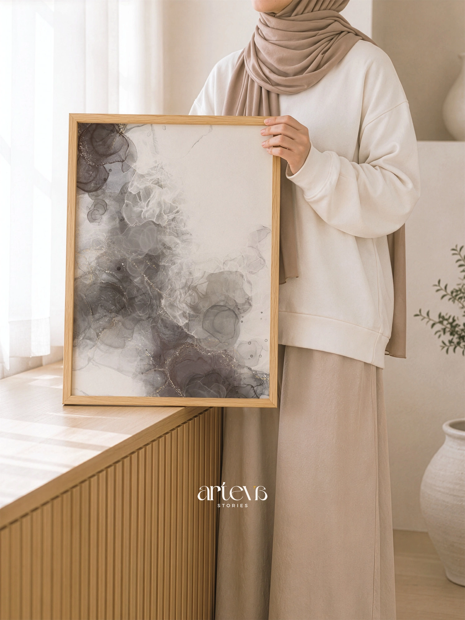 Neutral Smoky Taupe Abstract Ink Wall Art - Gambar 5