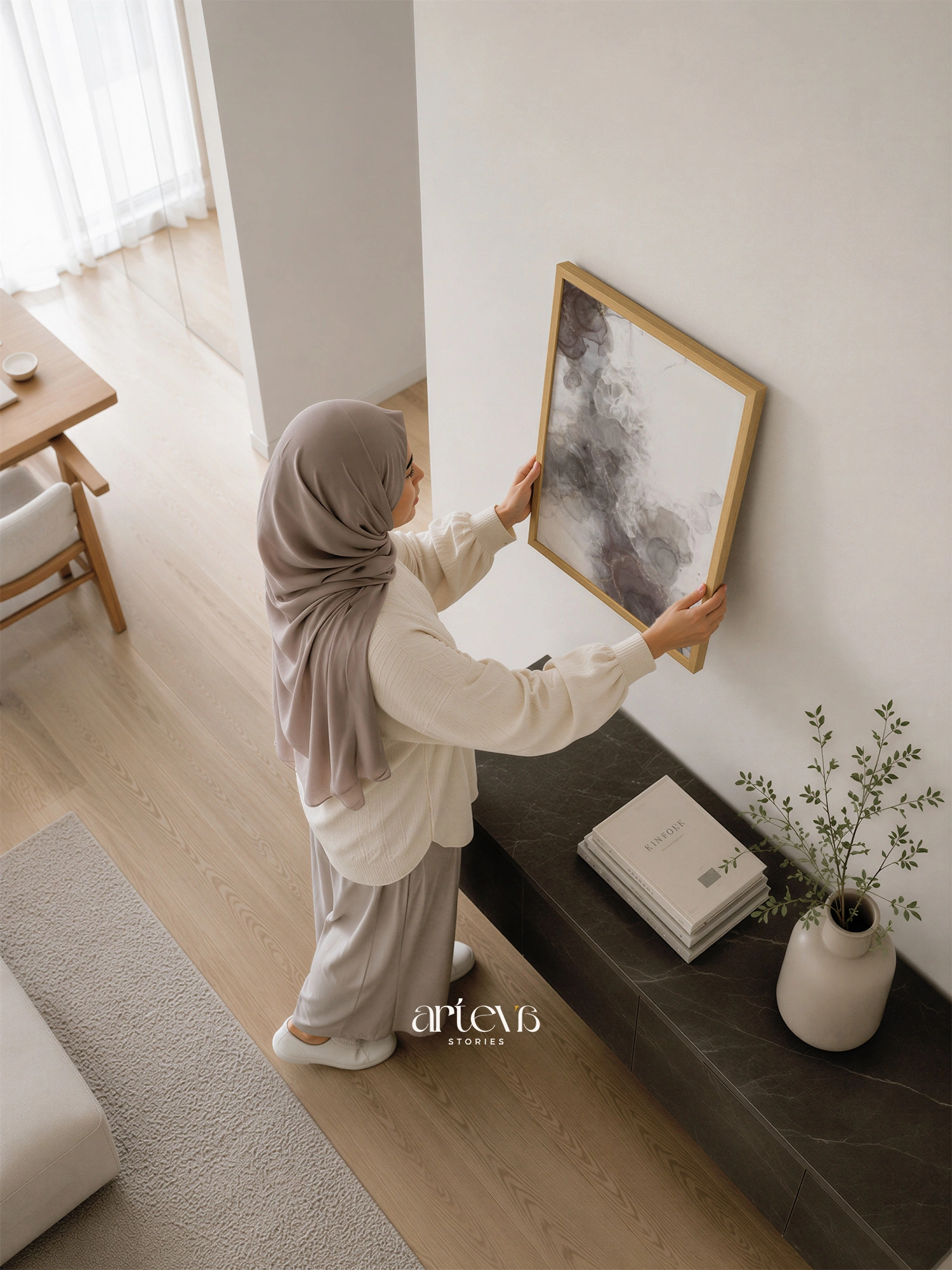 Neutral Smoky Taupe Abstract Ink Wall Art - Gambar 6
