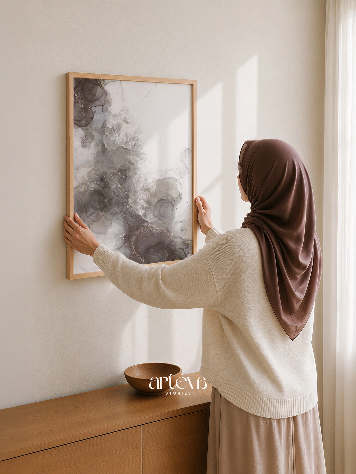 Neutral Smoky Taupe Abstract Ink Wall Art - Gambar 8