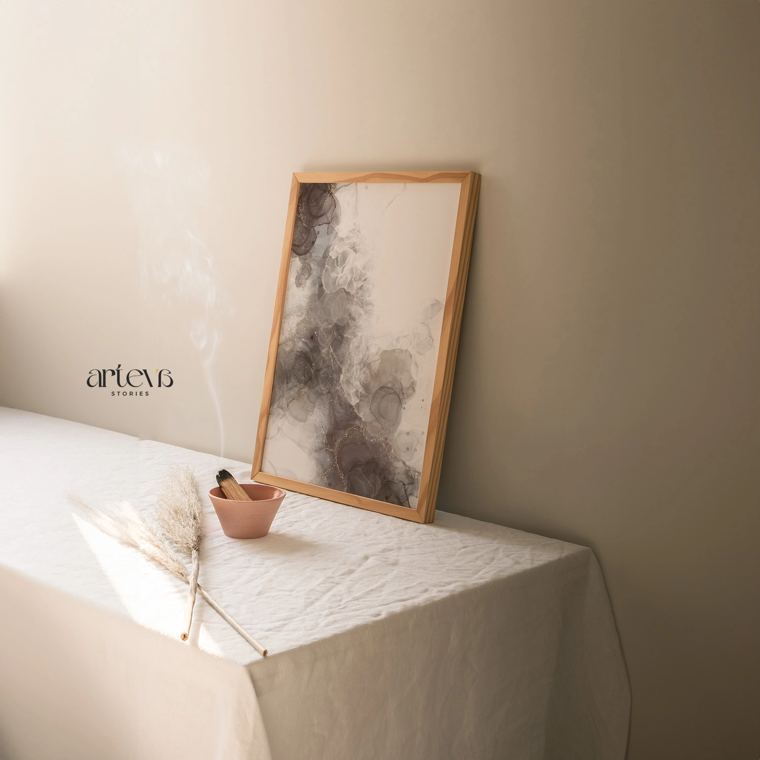 Neutral Smoky Taupe Abstract Ink Wall Art - Gambar 9