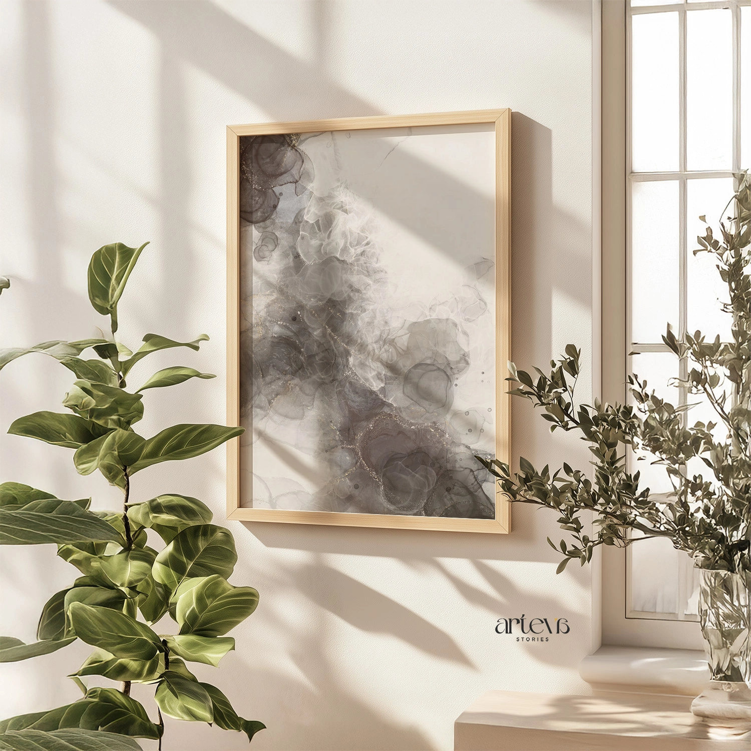 Neutral Smoky Taupe Abstract Ink Wall Art - Gambar 10