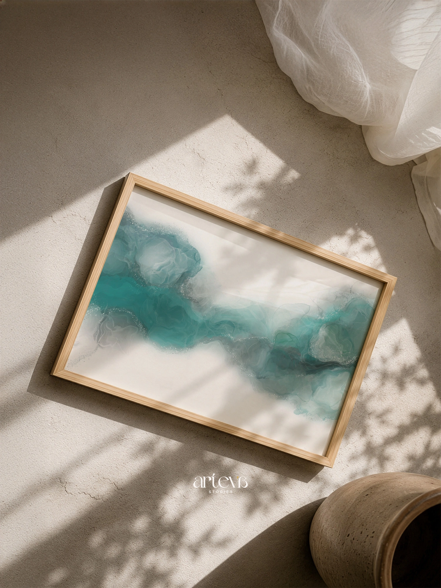 Aqua Veil Abstract Green Ink Wall Art - Gambar 8