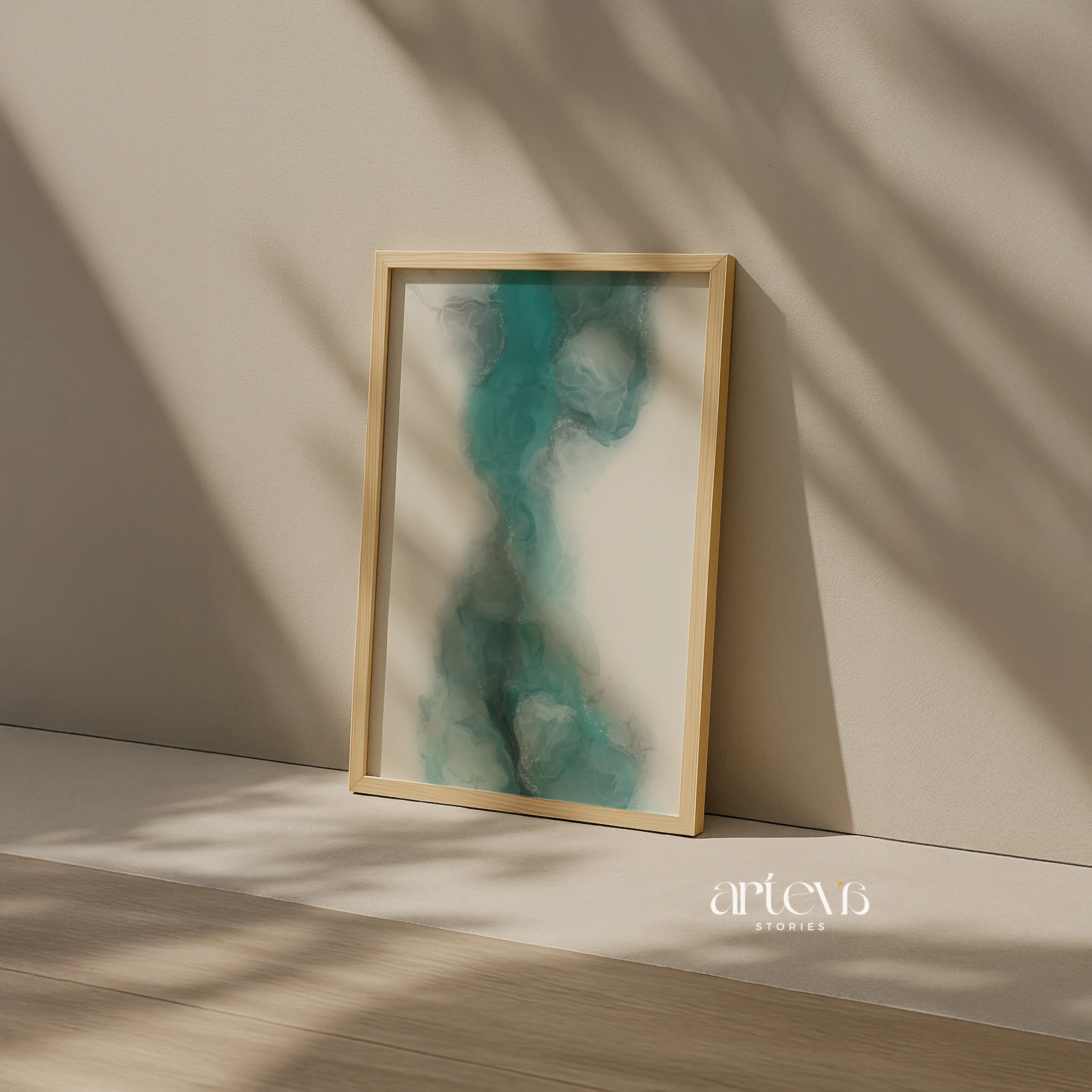 Aqua Veil Abstract Green Ink Wall Art - Gambar 2