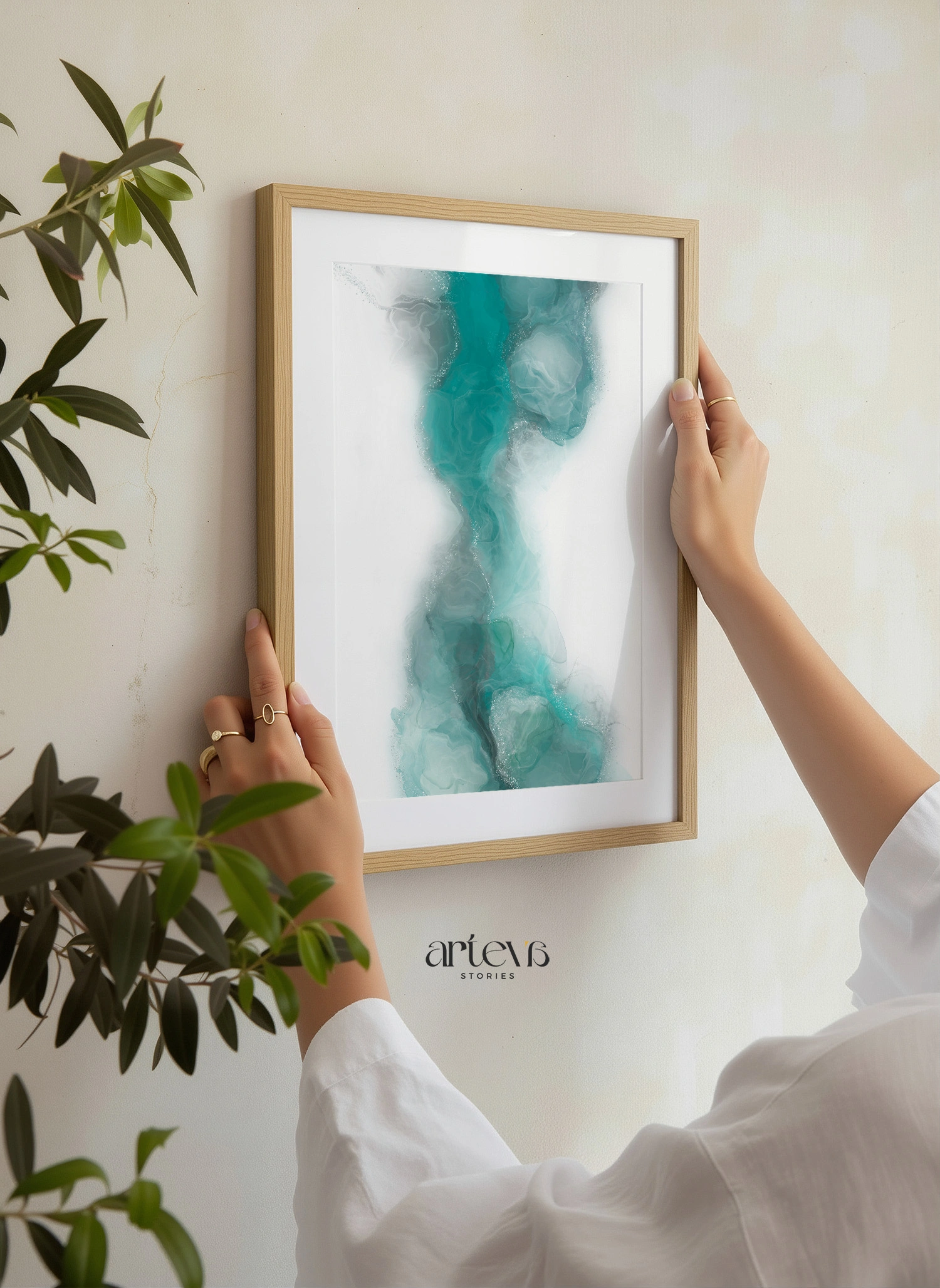 Aqua Veil Abstract Green Ink Wall Art - Gambar 3