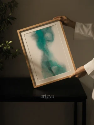 Vertical aqua abstract ink wall art with turquoise fluid forms and soft translucent white details