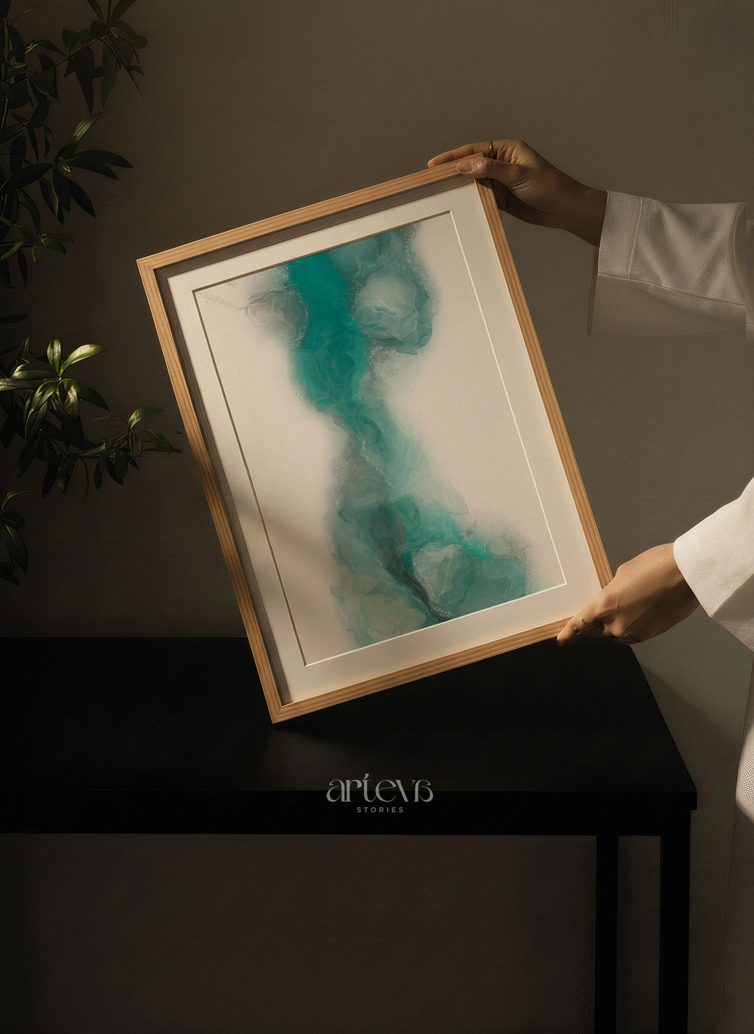 Vertical aqua abstract ink wall art with turquoise fluid forms and soft translucent white details