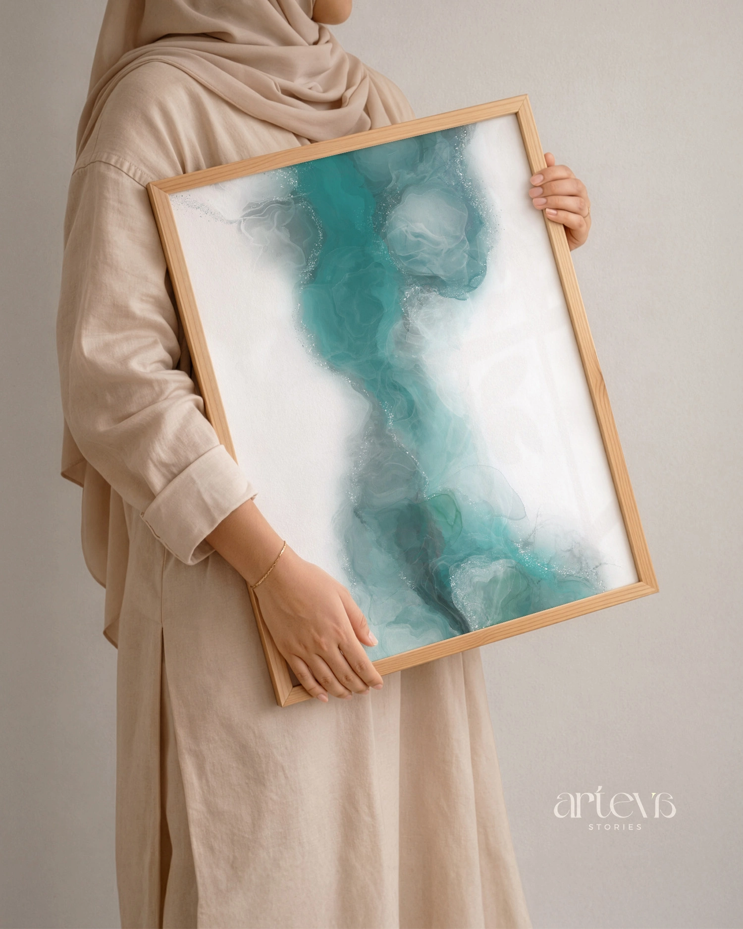Aqua Veil Abstract Green Ink Wall Art - Gambar 5