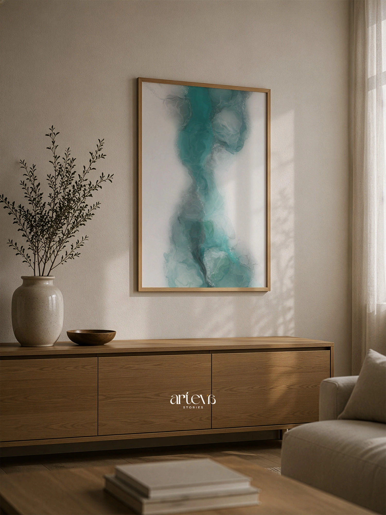 Aqua Veil Abstract Green Ink Wall Art - Gambar 6