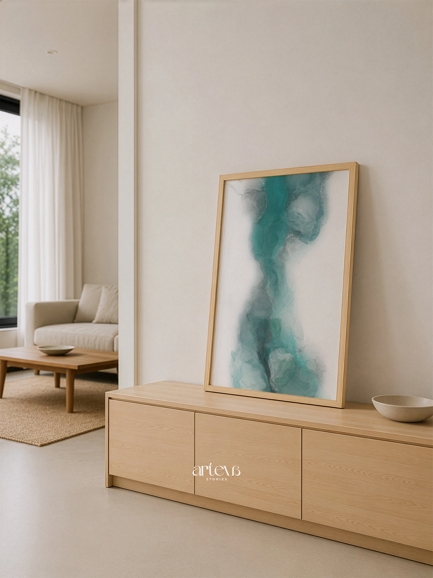 Aqua Veil Abstract Green Ink Wall Art - Gambar 7