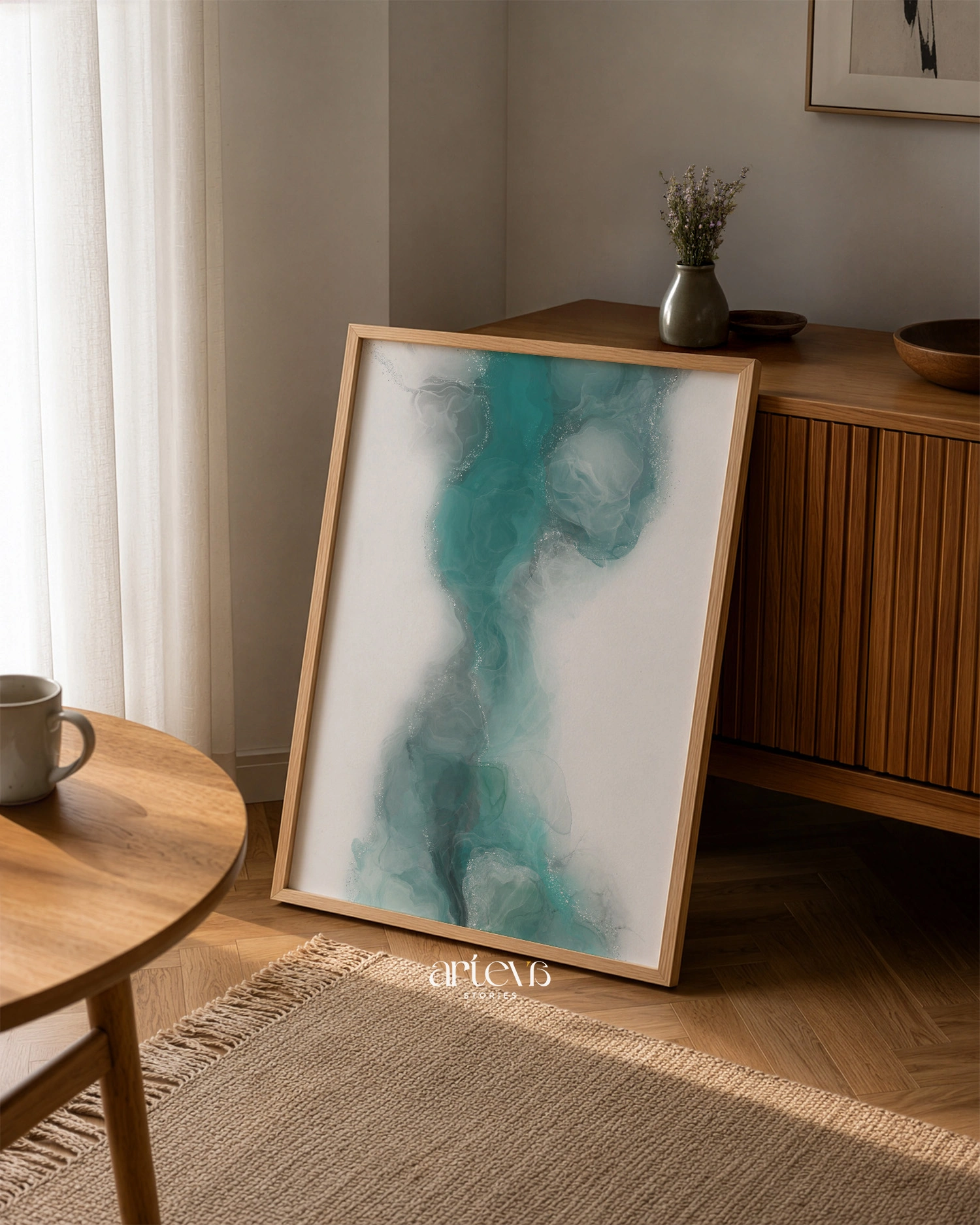 Aqua Veil Abstract Green Ink Wall Art - Gambar 9