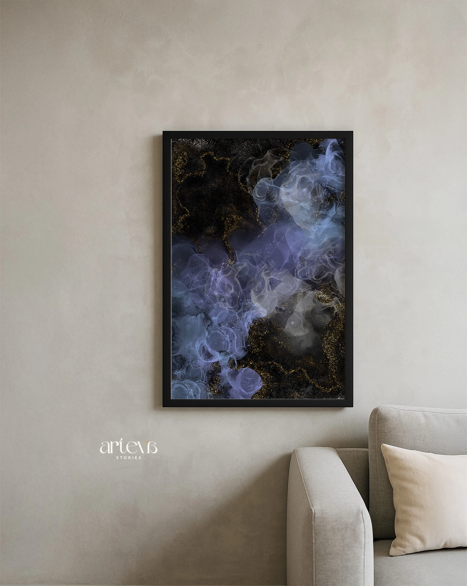 Midnight Gold Abstract Ink Wall Art - Gambar 2