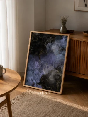 Dark abstract ink wall art with black background, smoky lavender-blue forms, and gold accents