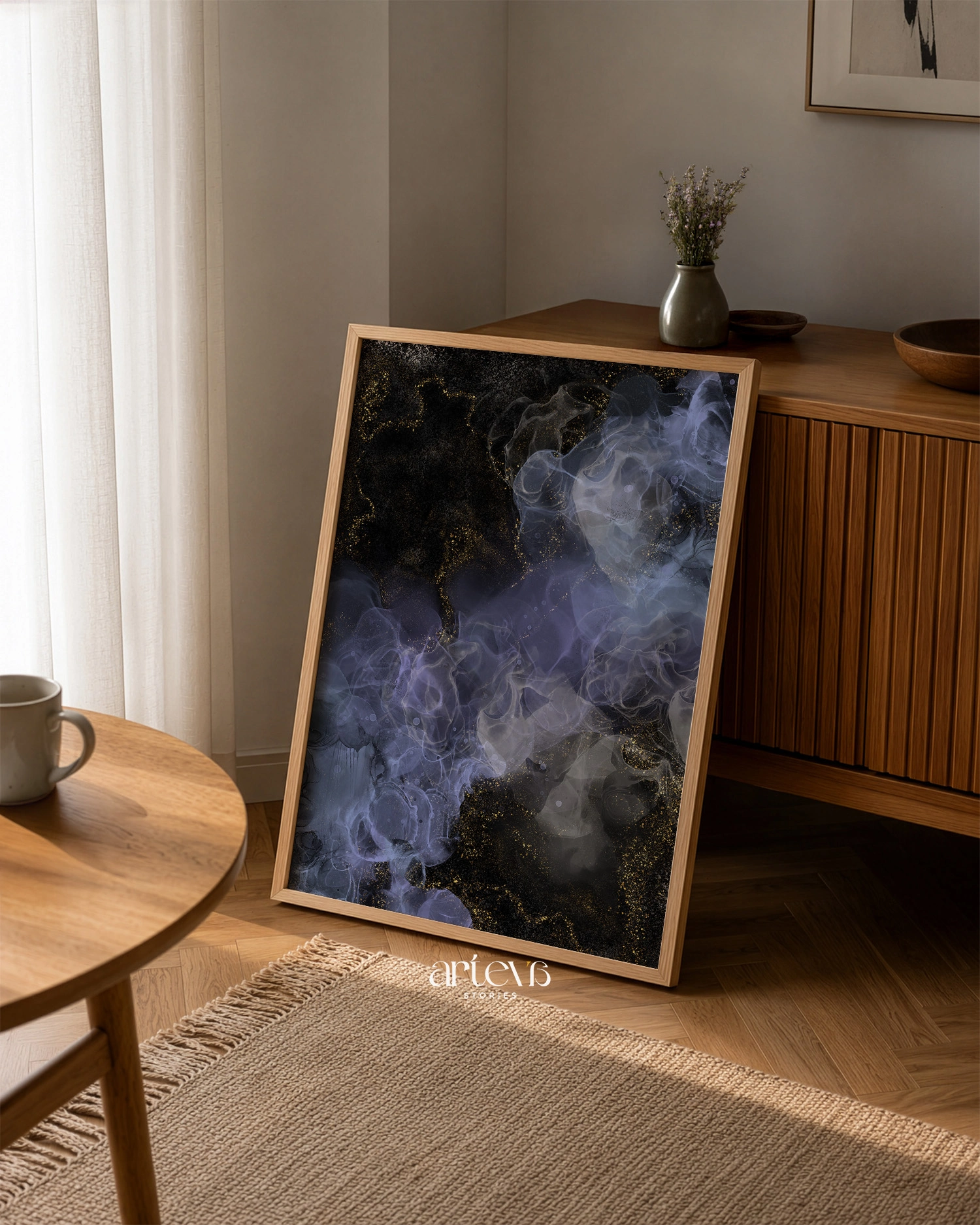 Dark abstract ink wall art with black background, smoky lavender-blue forms, and gold accents