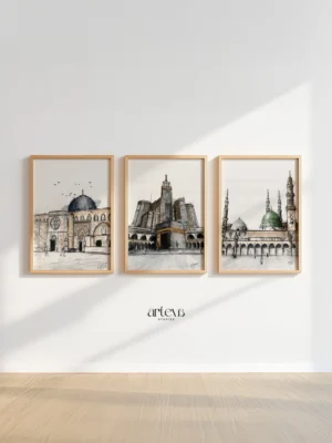 Islamic Landmarks Sketch wall art set featuring Ka'bah, Masjid Nabawi, and Masjid Al Aqsa in artistic architectural sketch style