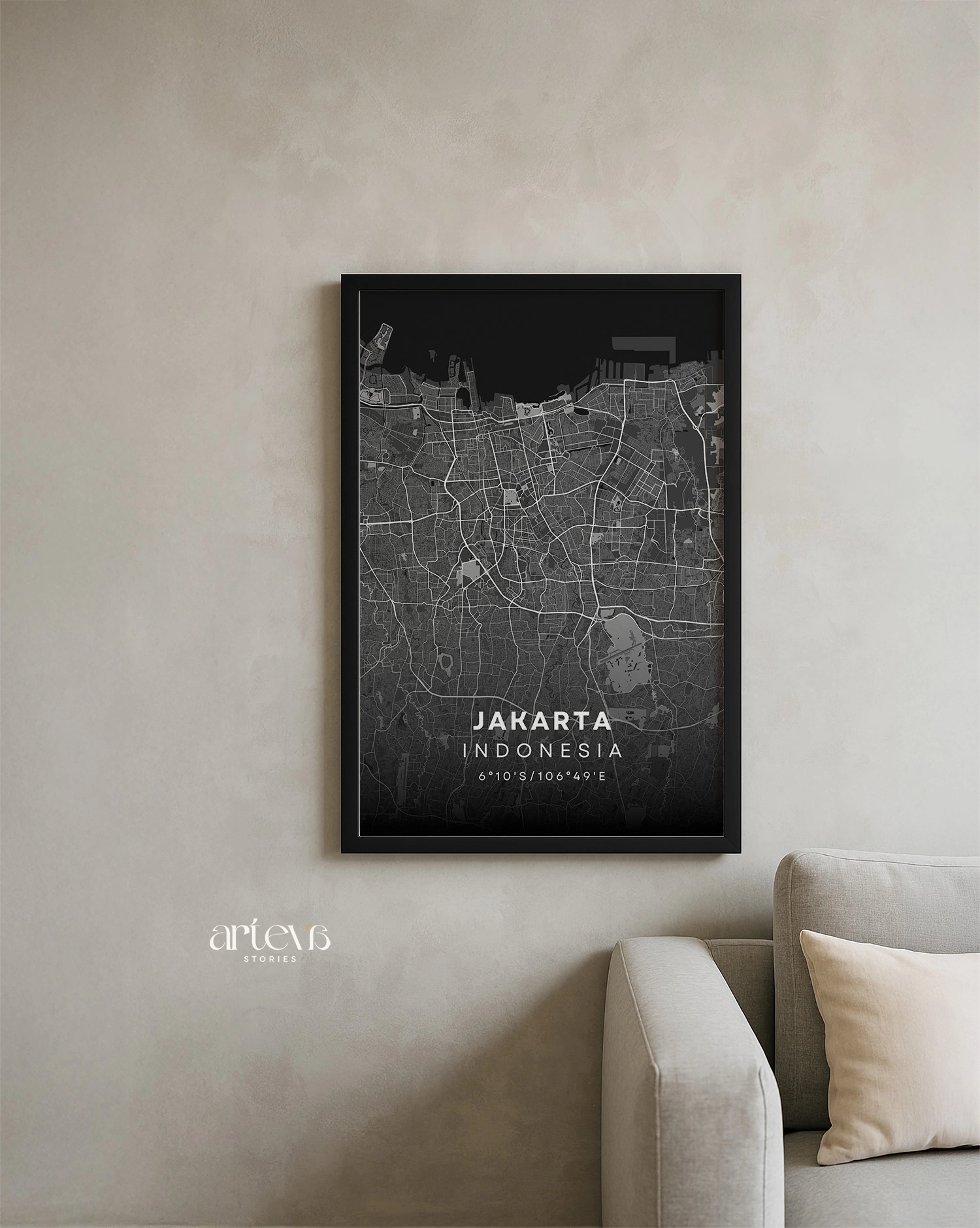 Jakarta (Indonesia) City Map Wall Art - Midnight Shadow - Gambar 2
