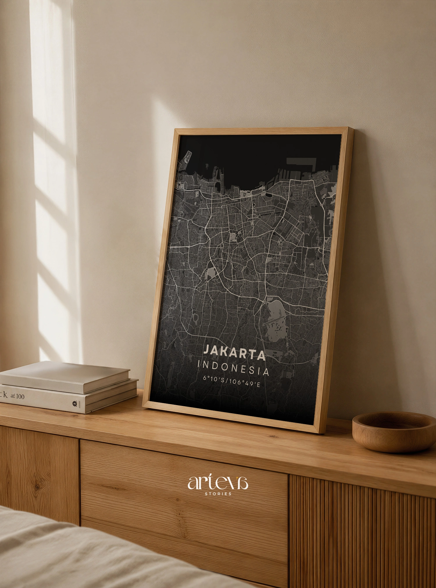 Jakarta Indonesia city map wall art in dark monochrome style with detailed street layout