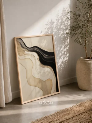 Abstract Wood Layered Whorls Wood 3 wall art with flowing beige and black organic layers