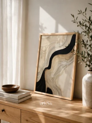 Abstract Wood Layered Whorls Wood 4 wall art with organic beige layers and black flowing form