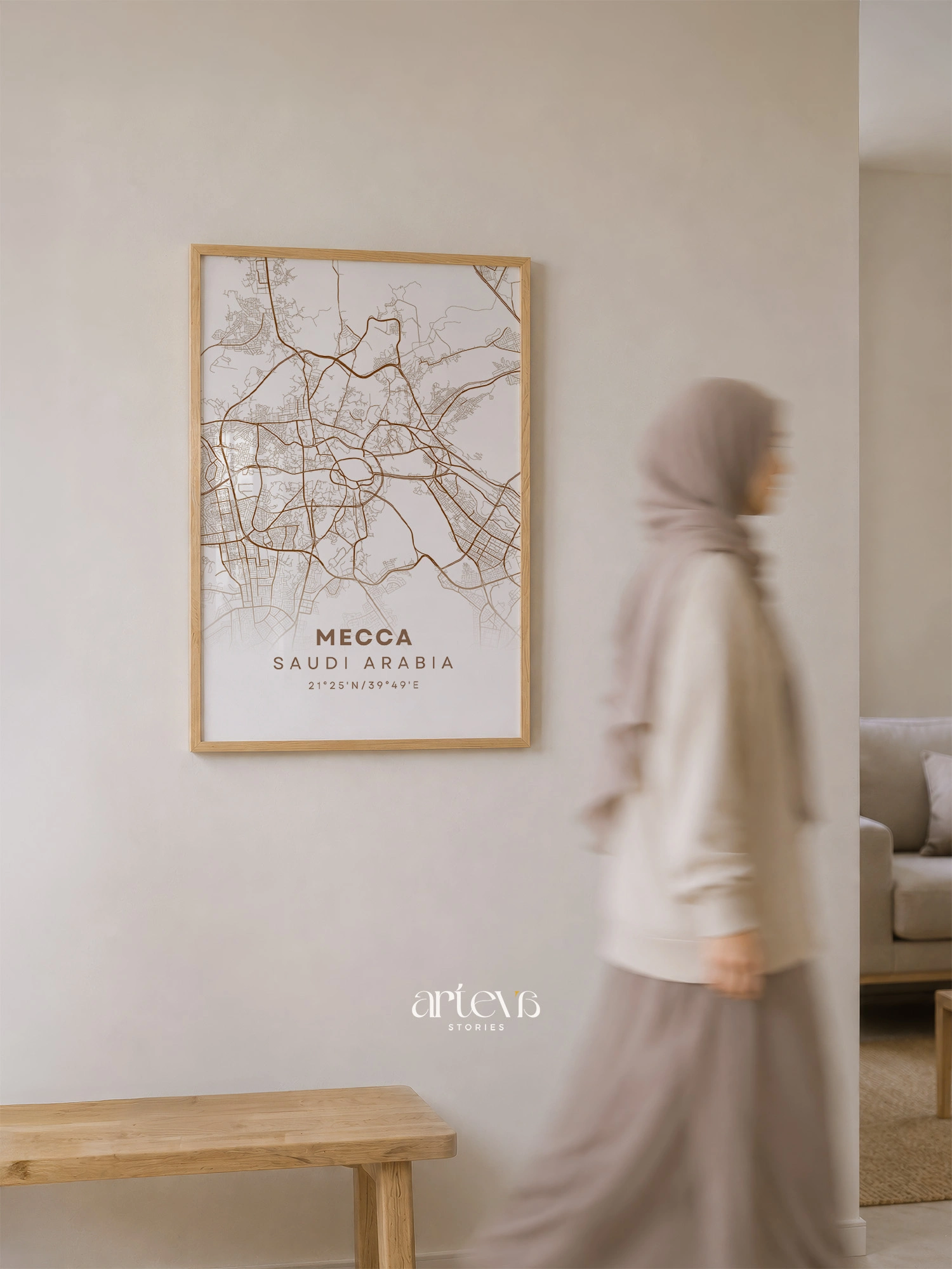 Mecca City Map Poster Saudi Arabia – Mocha Earth Minimalist Wall Art - Gambar 4