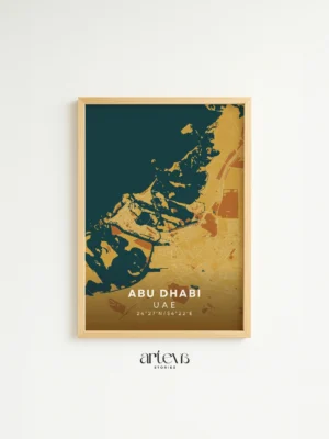 Abu Dhabi City Map Poster UAE dengan tone Desert Sand, detail jalan dan koordinat 24°27'N / 54°22'E. Wall art minimalis untuk interior modern.