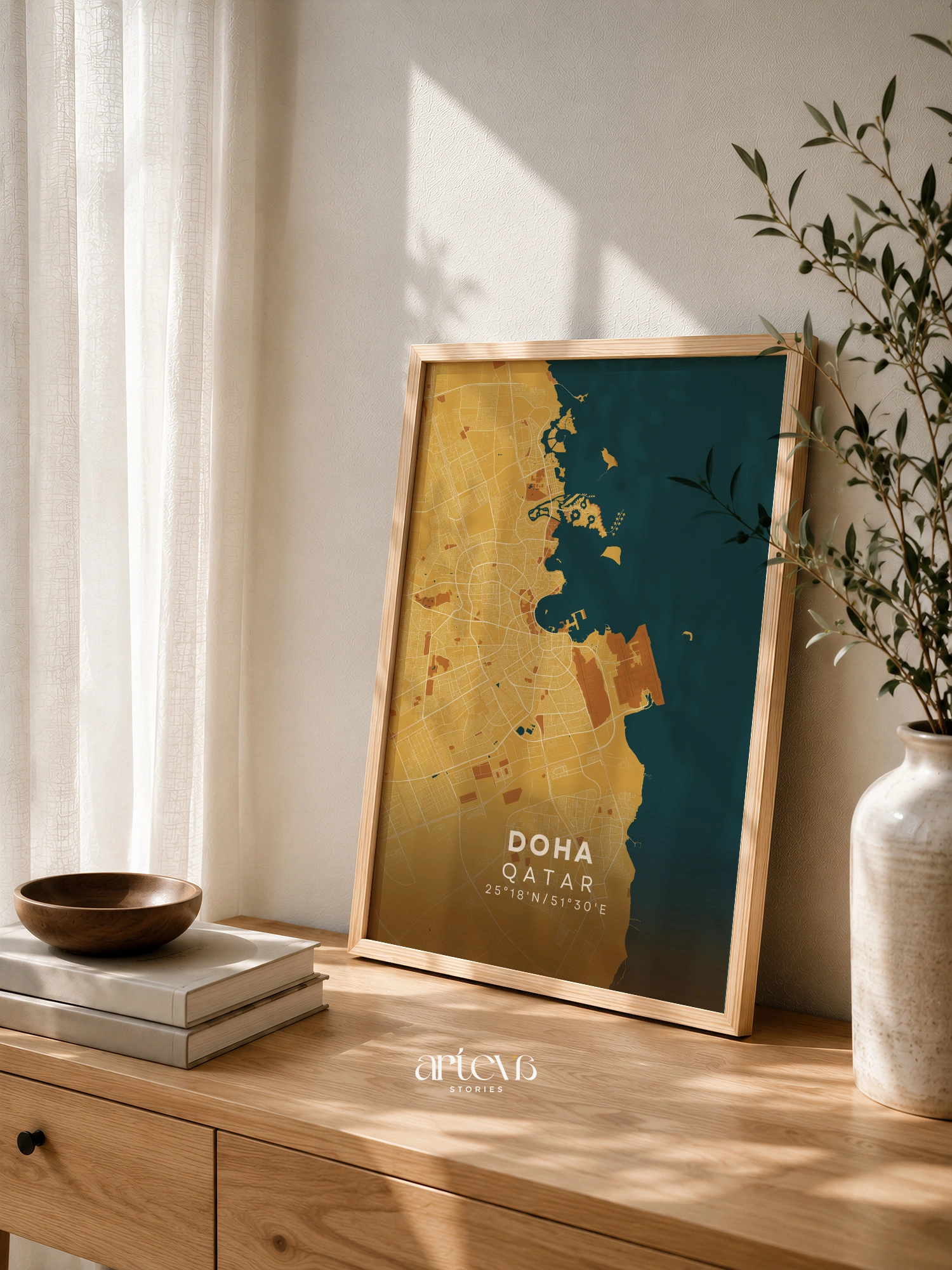 Doha City Map Poster Qatar tone Desert Sand – Arteva Stories