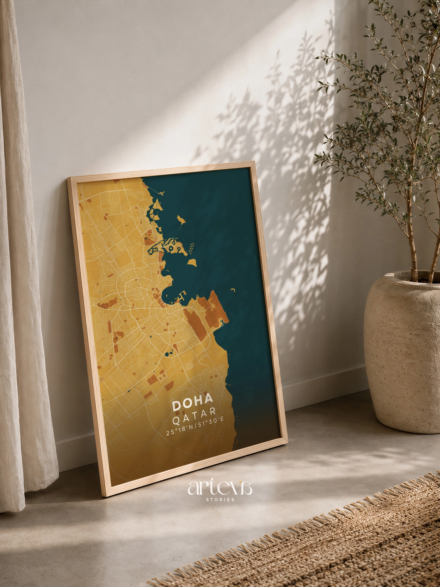 Doha City Map Poster Qatar – Desert Sand Minimalist Wall Art - Gambar 3