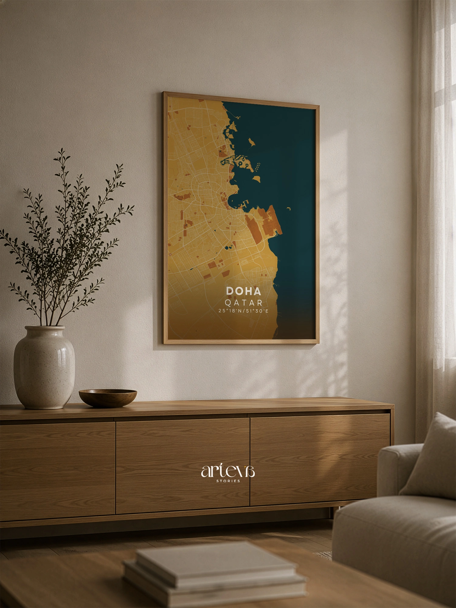 Doha City Map Poster Qatar – Desert Sand Minimalist Wall Art - Gambar 4