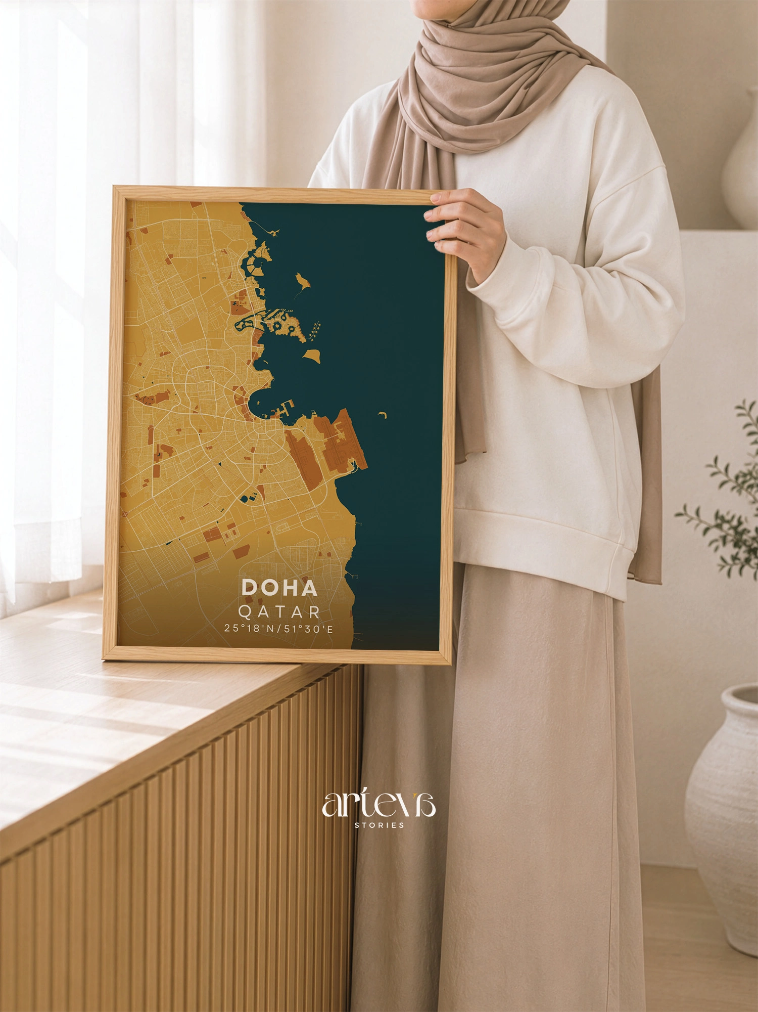 Doha City Map Poster Qatar – Desert Sand Minimalist Wall Art - Gambar 7