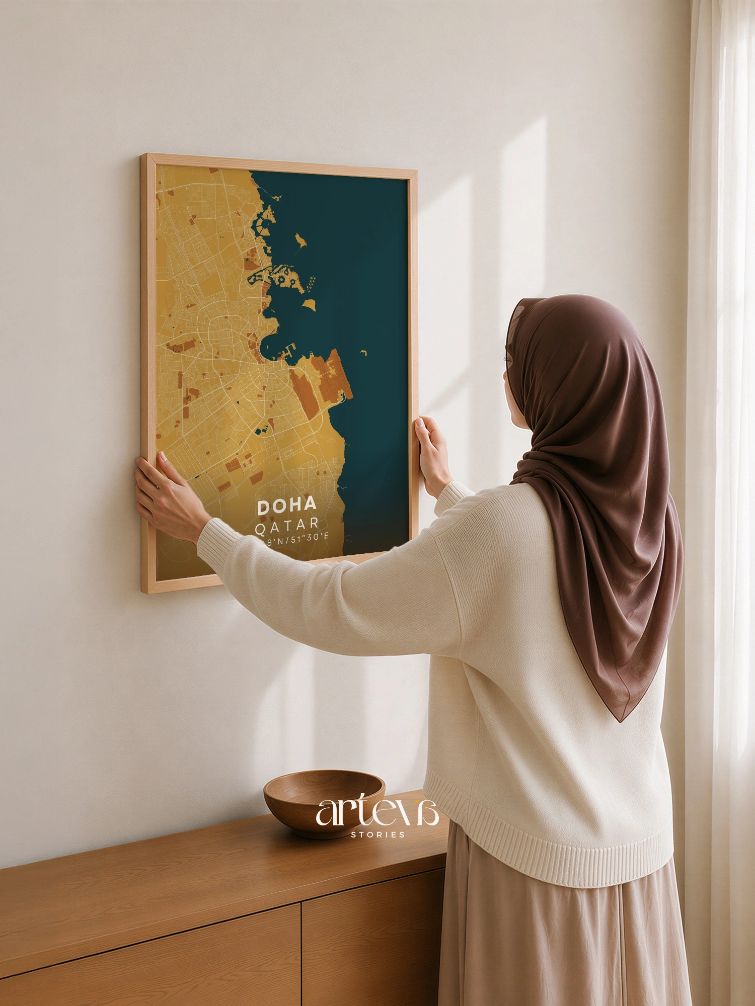 Doha City Map Poster Qatar – Desert Sand Minimalist Wall Art - Gambar 8