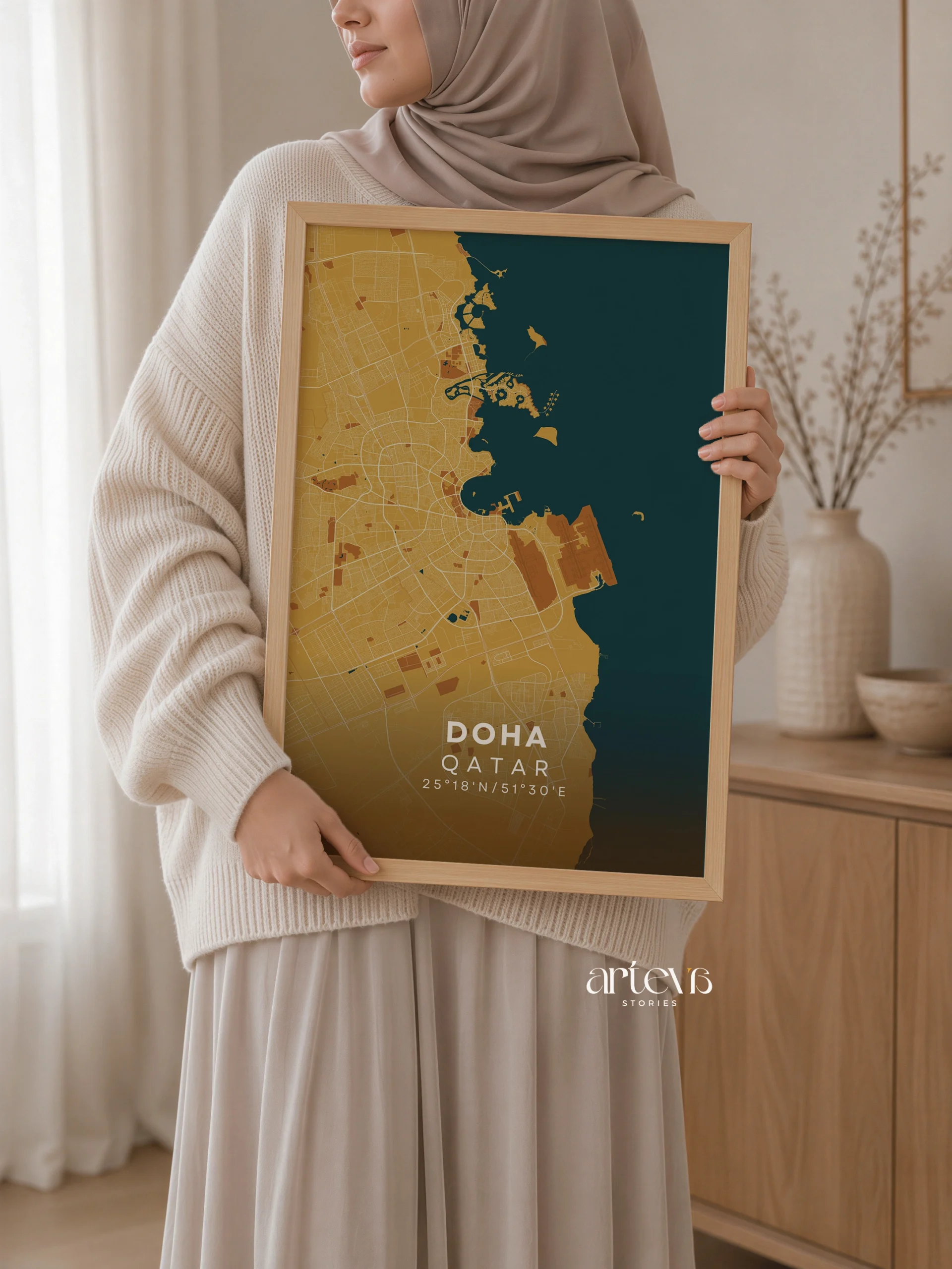 Doha City Map Poster Qatar – Desert Sand Minimalist Wall Art - Gambar 9