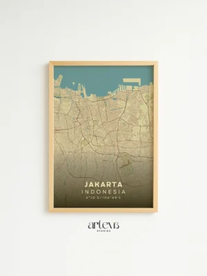 Jakarta City Map Poster Indonesia tone Aqua Beige – Arteva Stories