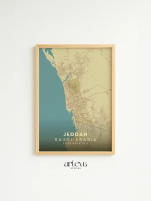 Jeddah City Map Poster Saudi Arabia tone Aqua Beige – Arteva Stories
