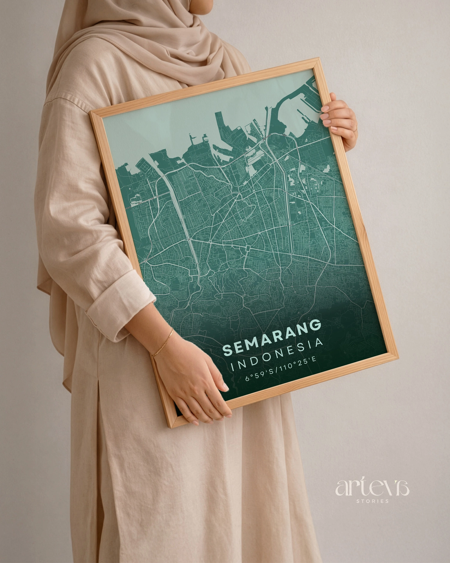 Semarang City Map Poster Indonesia - Emerald Breeze Minimalist Wall Art - Gambar 3