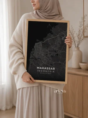 Makassar City Map Poster Indonesia – Midnight Shadow Minimalist Wall Art
