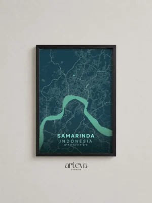 Samarinda City Map Poster Indonesia – Deep Turquoise Minimalist Wall Art