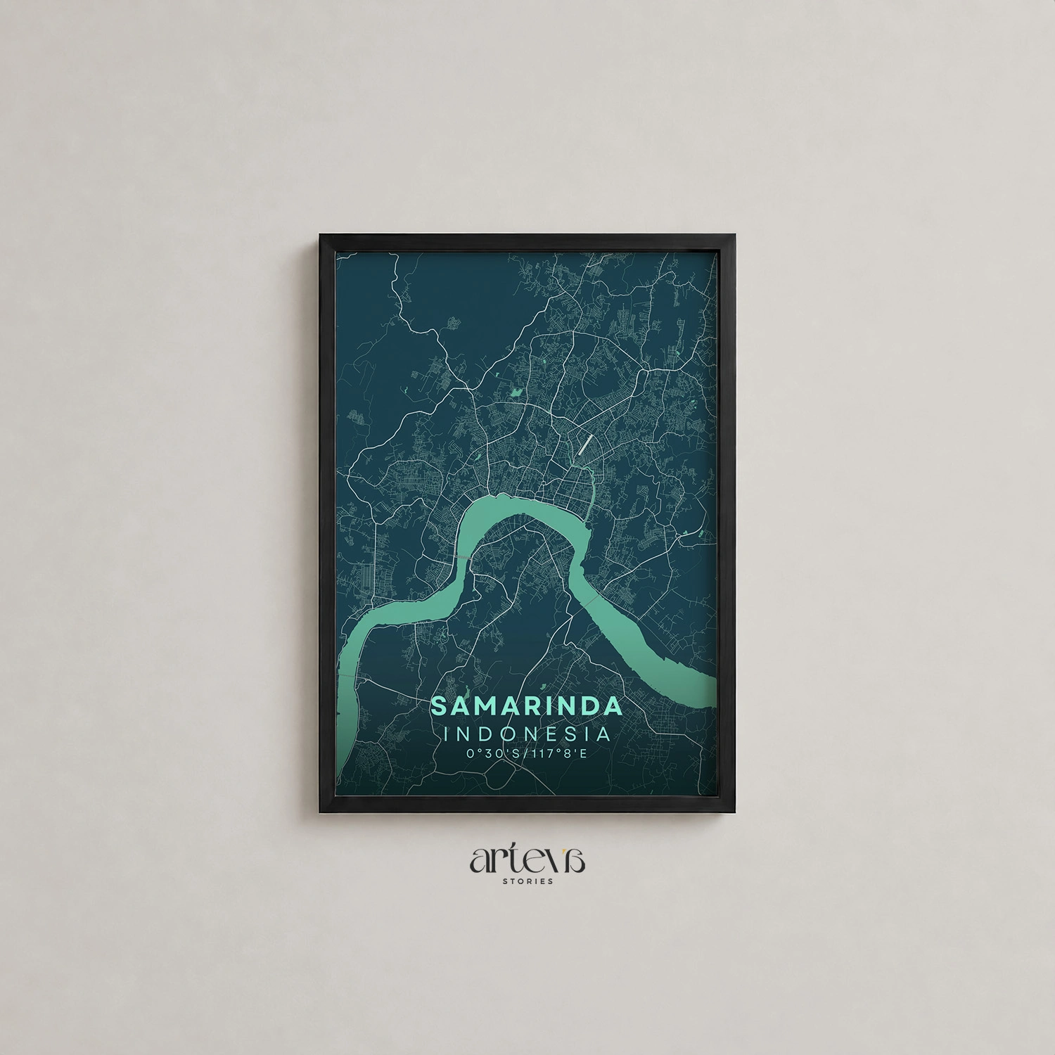 Samarinda City Map Poster Indonesia – Deep Turquoise Minimalist Wall Art