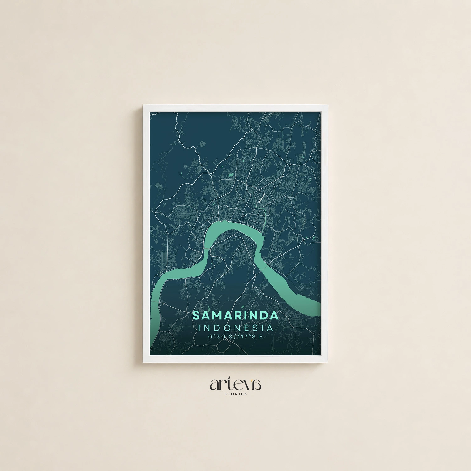 Samarinda City Map Poster Indonesia – Deep Turquoise Minimalist Wall Art - Gambar 12