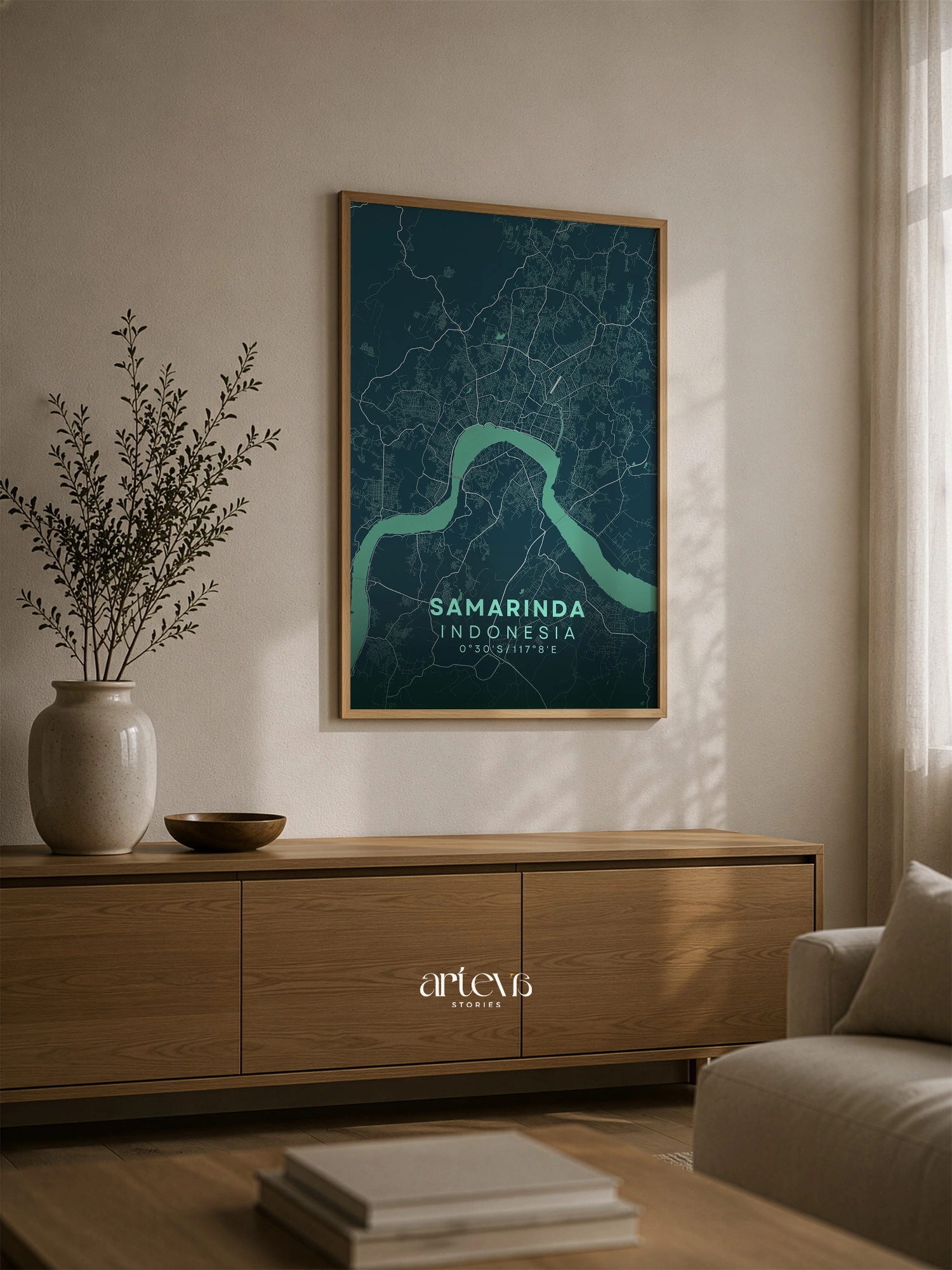Samarinda City Map Poster Indonesia – Deep Turquoise Minimalist Wall Art - Gambar 4