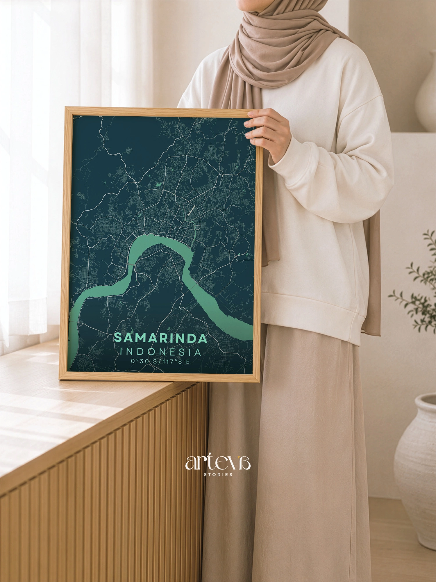 Samarinda City Map Poster Indonesia – Deep Turquoise Minimalist Wall Art - Gambar 7