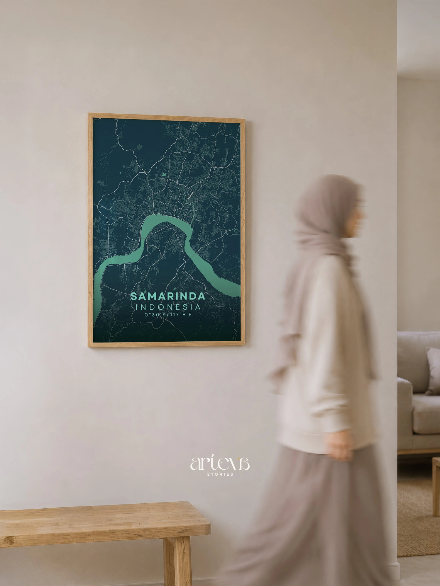 Samarinda City Map Poster Indonesia – Deep Turquoise Minimalist Wall Art - Gambar 8