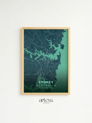 Sydney City Map Poster Australia – Deep Turquoise Minimalist Wall Art